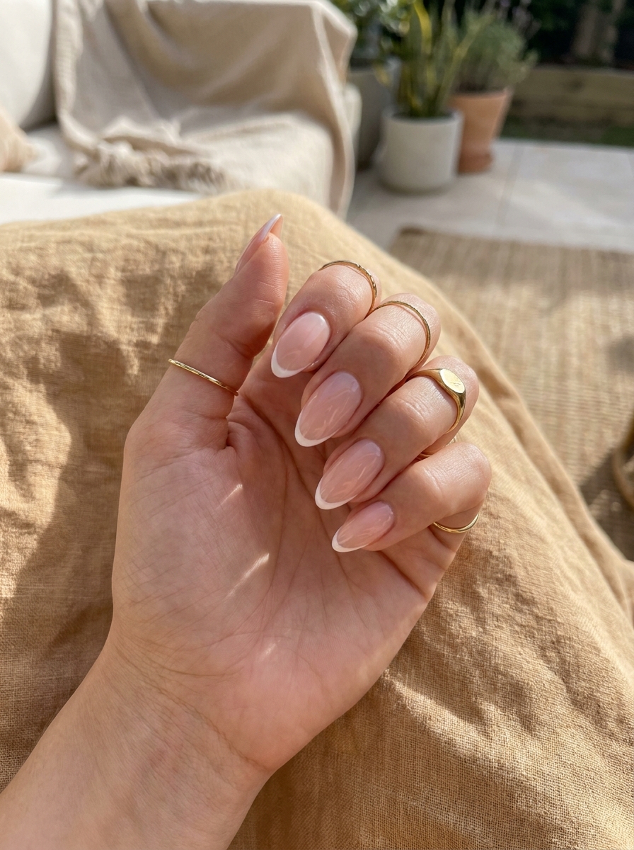 Nude French Summer Nails mit feinen weißen Spitzen